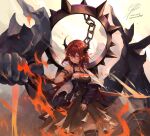  1girl absurdres arknights bare_shoulders demon demon_girl dress highres holding holding_weapon jacket long_hair looking_at_viewer purple_eyes red_hair slit_pupils solo superman3go surtr_(arknights) sword weapon 