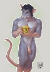  anthro blue_hair casual_nudity coffee_mug flaccid foreskin fur genital_piercing genitals grey_body grey_fur hair hi_res humanoid_genitalia humanoid_penis lion21 male mammal murid murine muscular muscular_male nipple_piercing nipples nude one-two penis penis_piercing piercing prince_albert_piercing rat rodent solo 