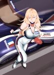  1girl alternate_costume blonde_hair blue_eyes breasts closed_mouth crossed_legs hair_between_eyes highres kantai_collection large_breasts lips long_hair mole mole_under_eye mole_under_mouth race_queen race_vehicle racecar racing_suit richelieu_(kancolle) shingyou_(alexander-13) smile solo white_footwear 