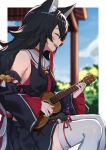 1girl absurdres animal_ear_fluff animal_ears bangs bell black_hair blurry bow breasts choker closed_eyes cloud depth_of_field detached_sleeves eyebrows_visible_through_hair flipped_hair floral_print hair_between_eyes highres hololive instrument isaya_(pixiv4541633) jingle_bell kouhaku_nawa long_hair multicolored_hair neckerchief ookami_mio open_mouth outdoors pillar pleated_skirt red_hair ribbon sailor_collar sailor_shirt shirt sitting skirt sky sleeveless sleeves_past_wrists smile solo streaked_hair tail tail_wrap thighhighs tree ukulele upper_teeth very_long_hair virtual_youtuber wolf_ears wolf_girl wolf_tail 