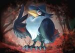  absurdres animal_focus artist_name bird bush closed_mouth commentary crow day_walker1117 english_text forest full_body gen_4_pokemon hand_up highres honchkrow looking_down nature no_humans outdoors pokemon pokemon_(creature) red_background red_eyes signature solo standing tree 