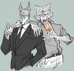  2021 anthro belt black_tie_(suit) bottomwear canid canine canis cigarette claws clothed clothing dobermann domestic_dog dress_shirt duo fire grey_background hand_in_pocket hand_on_shoulder hi_res jacket lighter looking_at_another male mammal match necktie pants pinscher pockets shirt simple_background smile smirk standing suit topwear wolf yuzuki_fang111 