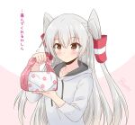  1girl amatsukaze_(kancolle) brown_eyes commentary_request hair_tubes hood hooded_dress hoodie icesherbet kantai_collection long_hair obentou silver_hair solo translation_request two-tone_background two_side_up upper_body windsock 