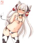  1girl alternate_costume amatsukaze_(kancolle) animal_ears animal_print artist_logo bell bikini blush brown_eyes commentary_request covered_nipples cow_ears cow_horns cow_print cow_tail cowbell cowboy_shot dated ear_tag fake_animal_ears fake_horns front-tie_top hair_tubes highres horns kanon_(kurogane_knights) kantai_collection leaning_to_the_side long_hair looking_at_viewer low_ponytail micro_bikini navel nose_blush one-hour_drawing_challenge side-tie_bikini silver_hair simple_background solo swimsuit tail two_side_up white_background white_bikini white_legwear windsock 