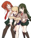  3girls :d arm_hug asui_tsuyu bangs black_legwear blazer blonde_hair blunt_bangs blush boku_no_hero_academia breasts brown_eyes brown_footwear brown_hair brown_jacket cardigan closed_eyes commentary double_bun eyelashes feet_out_of_frame girl_sandwich green_eyes green_hair green_skirt grin hair_between_eyes hair_rings highres jacket kneehighs leaning_forward loafers locked_arms long_hair long_sleeves looking_at_another looking_to_the_side low-tied_long_hair medium_breasts messy_hair multiple_girls neckerchief necktie open_mouth pantyhose plaid plaid_skirt pleated_skirt red_neckwear rinne_(d93ggrs) sandwiched school_uniform serafuku shirt shoes short_hair short_hair_with_long_locks sidelocks simple_background skirt smile socks toga_himiko u.a._school_uniform uraraka_ochako walking white_background yellow_cardigan 