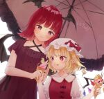  2girls alternate_costume bat_wings blonde_hair bow commentary_request commission dress flandre_scarlet food hat hat_bow head_wings holding holding_food honotai ice_cream koakuma licking_lips medium_hair mob_cap multiple_girls pointy_ears puffy_short_sleeves puffy_sleeves red_bow red_dress red_eyes red_hair short_sleeves simple_background tongue tongue_out touhou umbrella white_background white_headwear wings 