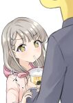 +_+ 1girl 1other bangs bendy_straw black_jacket blush bow braid braided_bangs brown_hoodie commentary_request cup disposable_cup drinking drinking_straw eyebrows_visible_through_hair formal grey_eyes grey_hair hair_bow hair_over_shoulder highres hisakawa_nagi holding holding_cup hood hood_down hoodie idolmaster idolmaster_cinderella_girls idolmaster_cinderella_girls_starlight_stage jacket long_hair long_sleeves low_twintails mitsumine_raimu p-head_producer pink_bow simple_background striped striped_bow suit twintails v-shaped_eyebrows white_background 