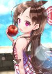  1girl apple bare_shoulders beach breasts brick_wall brown_hair camisole downblouse dress flower food from_side fruit highres idolmaster idolmaster_cinderella_girls idolmaster_cinderella_girls_starlight_stage long_hair looking_at_viewer looking_to_the_side open_mouth pink_eyes signature skinny small_breasts solo striped sundress tansan_daisuki tareme tsujino_akari upper_body very_long_hair water 