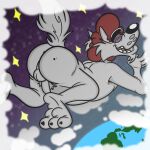  1:1 3_toes anthro anus balls canid canine canis cloud feet floating fur genitals grey_body grey_fur hair hi_res male mammal penis red_hair solo space star toes toony wolf zooptoon 