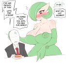  absurd_res angry big_breasts blush breasts clothed clothing dialogue english_text female gardevoir hi_res human humanoid mammal nintendo pok&eacute;mon pok&eacute;mon_(species) profanity saltyxodium size_difference text video_games 