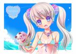  1girl bikini blue_eyes breasts earrings fang food heart holding holding_food ice_cream jewelry long_hair looking_at_viewer necklace ocean original silver_hair small_breasts solo summer swimsuit twintails umetori_uriri 