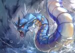 absurdres animal_focus blue_theme bubble commentary day_walker1117 fangs from_behind gen_1_pokemon gyarados highres looking_to_the_side no_humans open_mouth outdoors pokemon pokemon_(creature) red_eyes solo tongue water 