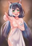  1girl after_bathing amog animal_ear_fluff animal_ears bangs black_hair blush breasts collarbone covering covering_breasts green_eyes karyl_(princess_connect!) long_hair looking_at_viewer multicolored_hair open_mouth princess_connect! princess_connect!_re:dive small_breasts solo steam towel twintails very_long_hair white_hair 
