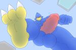  2021 anthro avian balls bird blue_balls blue_body city erection falco_lombardi feet genitals gobanire grin hi_res looking_down looming low-angle_view macro male nintendo penis smile star_fox stomping video_games 