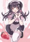  1girl :d apron bangs black_dress black_hair black_neckwear black_ribbon blunt_bangs blush breasts cleavage dress earrings eyebrows_visible_through_hair food foot_out_of_frame foreshortening fruit hair_ornament hair_ribbon heart heart_earrings heart_hands highres idolmaster idolmaster_shiny_colors jewelry kuromi long_hair looking_at_viewer maid maid_apron mayuzumi_fuyuko medium_breasts onegai_my_melody open_mouth pink_background pink_eyes puffy_short_sleeves puffy_sleeves ribbon short_sleeves simple_background smile solo standing standing_on_one_leg strawberry takio_(kani_sama) thighhighs two_side_up waist_apron white_apron white_background white_legwear white_ribbon 
