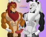  anthro balls barazoku basket biceps blush bodily_fluids bow_tie clothing costume digital_media_(artwork) disney duo egg erection fake_ears fake_rabbit_ears felid foreskin fur genital_fluids genitals gloves handwear hi_res humanoid_genitalia humanoid_penis kimba kimba_the_white_lion klr-rio legwear lion looking_at_viewer male mammal muscular muscular_anthro muscular_male nipples nude osamu_tezuka pantherine pecs penis precum reverse_bunny_costume simba simple_background smile stockings the_lion_king translucent translucent_clothing 