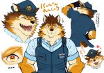  &lt;3 anthro barrel_(live-a-hero) blush canid canine canis clothing cowboy_hat fingerless_gloves fur gloves handwear hat headgear headwear live-a-hero male mammal multicolored_body multicolored_fur police_hat police_uniform policeman skmnt01 solo superhero uniform wolf yellow_eyes 