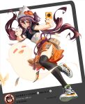  1girl absurdres brown_hair casual genshin_impact highres hu_tao red_eyes shoes smile sneakers solo 