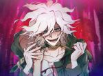  1boy 1other :d bangs blood blush collarbone commentary_request danganronpa_(series) danganronpa_2:_goodbye_despair fangs green_jacket green_neckwear grey_hair hair_between_eyes hair_over_one_eye hood hood_down hooded_jacket jacket komaeda_nagito korean_commentary looking_at_viewer male_focus messy_hair multicolored multicolored_background necktie open_mouth pink_background ppap_(11zhakdpek19) print_shirt purple_background shiny shiny_hair shirt smile solo sweat teeth upper_body white_hair white_shirt 