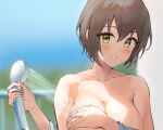  1girl bangs blurry blurry_background breasts brown_hair cleavage collarbone covering covering_breasts eyebrows_visible_through_hair green_eyes hair_between_eyes head_tilt highres holding holding_shower_head large_breasts looking_at_viewer mole mole_on_breast nude original parted_lips railing short_hair shower_head sidelocks solo upper_body washing ym_(pixiv2132273) 