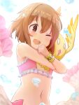  1girl 1other bikini bikini_top bracer brown_eyes brown_hair hanami_yuzuka hug mahou_shoujo_nante_mou_ii_desukara. miton navel nomio one_eye_closed open_mouth pink_bikini short_hair showgirl_skirt smile swimsuit upper_body wind wind_lift wings 