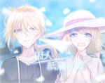  1boy 1girl blonde_hair blue_eyes blurry blurry_background blush collarbone commentary crying crying_with_eyes_open dress hat highres kagamine_len kagamine_rin open_mouth pale_color petals ponytail short_hair shuujin/kami_hikouki_(vocaloid) sketch smile song_name sun_hat sundress tears torn_clothes vocaloid warabi_(danngo-mitarasi) 