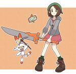  1girl boots brown_eyes brown_footwear brown_hair buttons cardigan closed_mouth collared_dress commentary_request dress eyebrows_visible_through_hair frown gen_4_pokemon gen_8_pokemon gloria_(pokemon) green_headwear green_legwear grey_cardigan hat highres holding holding_sword holding_weapon hooded_cardigan idalol490 outline pink_dress plaid plaid_legwear pokemon pokemon_(creature) pokemon_(game) pokemon_swsh rotom rotom_phone scorbunny short_hair socks standing starter_pokemon sword tam_o&#039;_shanter weapon 