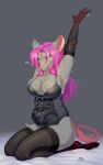  10:16 anthro areola arms_above_head big_breasts breasts cleavage clothed clothing eyes_closed female fur grey_body grey_fur hair hi_res kneeling leggings legwear lingerie mammal murid murine pink_hair rat renatetherat renatii rodent solo stretching teddy_(clothing) thigh_highs whiskers 