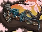  alien alien_(franchise) armor_plates cherry_blossom cuddling duo female glistening glistening_body hand_on_chest hand_on_hand humanoid in_tree love lying_on_another male male/female plant predator_(franchise) pregnant_female sasha_demogorgon sleeping smile sunset tail_blade tree xenomorph yautja 