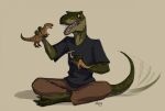  anthro azany barefoot blue_clothing bottomwear brown_body brown_bottomwear brown_clothing brown_pants claws clothed clothing crossed_legs dark_shirt dinosaur feet green_body hadrosaurid happy male open_mouth ornithischian pants parasaurolophus playing reptile scalie shirt simple_background sitting solo solo_focus spots t-shirt tailwag tan_background teeth theropod tongue topwear toy tyrannosaurid tyrannosaurus tyrannosaurus_rex watermark yellow_body yellow_eyes 