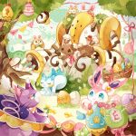  basket blue_eyes blush bow buneary closed_eyes closed_mouth coco7 egg flower foongus gen_4_pokemon gen_5_pokemon gen_6_pokemon gen_7_pokemon glameow grass holding holding_basket legendary_pokemon moss no_humans pachirisu paws pokemon pokemon_(creature) regigigas ribbon rowlet smile starter_pokemon sylveon symbol_commentary toes tree white_flower 