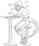  anthro bottomwear clothing dorsal_fin ebonyrubberwolf english_text fin fish furniture hi_res incense male marine monochrome mouthless pants plantigrade shark shirtless sitting solo stool table text thick_tail 
