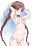  1girl bikini braid breasts brown_eyes brown_hair closed_mouth glasses hands_on_own_head long_hair machi_(2519tomo) navel original pink_swimsuit simple_background small_breasts source_request swimsuit 