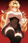  1girl ascot bangs black_dress black_legwear black_rock_shooter blonde_hair blush breasts center_frills chariot_(black_rock_shooter) collared_shirt commentary_request crown dress dress_shirt frills highres large_breasts long_hair long_sleeves looking_at_viewer m-da_s-tarou parted_lips red_background red_eyes red_neckwear shirt short_dress stuffed_toy thighhighs thighs underbust white_shirt 