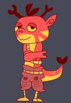  anthro avian bird bottomwear chicken clothing cosmomanta dragon elf elf_dragon galliform gallus_(genus) horn humanoid male mimiff pants phasianid quills scalie smile solo 