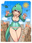  1girl absurdres animal_hood bare_legs blonde_hair blue_eyes breasts cardboard child_drawing claw_pose cosplay costume dinosaur_costume english_commentary fake_tail godzilla godzilla_(cosplay) godzilla_(series) green_hoodie green_nails green_panties highres hood hoodie lipstick makeup medium_breasts mismatched_eyebrows nail_polish original panties partially_unzipped print_panties ronindude sassy_(ronindude) shiny shiny_skin short_hair solo standing tail teeth thick_eyebrows thighs toy underwear zipper_pull_tab 