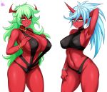  absurd_res big_breasts bikini blue_hair breasts clothing duo eyewear female glasses green_hair hair hi_res horn horned_humanoid humanoid jmg kneesocks_daemon nipple_outline not_furry panty_and_stocking_with_garterbelt red_body scanty_daemon sling_bikini swimwear 