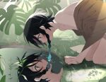  1boy androgynous bangs black_hair blue_hair braid brown_cloak cloak from_side genshin_impact gradient_hair grass green_eyes highres leaf looking_down male_focus monstera_deliciosa multicolored_hair open_mouth pool reflecting_pool ripples short_hair_with_long_locks solo twin_braids venti_(genshin_impact) water work_in_progress yoko_(nz_g) 