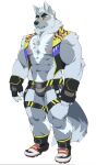  abs anthro biceps bottomwear canid canine canis clothing fingerless_gloves fur gloves handwear legwear male mammal merdekyle7 muscular muscular_anthro muscular_male nipples pecs simple_background solo wolf 