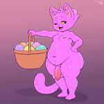  1:1 2021 anthro balls barefoot basket domestic_cat easter easter_egg egg fangs feet felid feline felis foreskin frumples frumples_(character) genitals gradient_background hi_res holding_object holidays inner_ear_fluff male mammal navel nipples nude one_eye_closed open_mouth penis pupils purple_body simple_background slit_pupils solo standing tuft yellow_sclera 