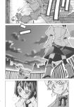  2girls akakage_red black_legwear black_skirt boots bow bowtie door doujinshi exhausted fence greyscale hat hat_removed headwear_removed highres lying maribel_hearn mob_cap monochrome multiple_girls necktie no_capelet no_hat no_headwear on_back rooftop skirt slamming_door smoke tired touhou translation_request usami_renko 