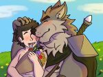  4:3 anthro armor blush bouquet bouquet_of_flowers caelan_(far_beyond_the_world) canid canine canis cape clothing cloud dandelion duo eyeless face_lick fangs far_beyond_the_world_(series) field flower fur hi_res human licking male male/male mammal melee_weapon multicolored_body multicolored_fur nipples plant ranok_(far_beyond_the_world) sky sword tongue tongue_out two_tone_body two_tone_fur weapon wild_tapioca wolf 