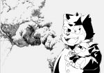  anthro bovid canid canine canis caprine clothing domestic_dog duo explosion goat hi_res male mammal masshiro monochrome moritaka plushie salomonkun simple_background smile suit tokyo_afterschool_summoners video_games 