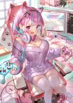  1girl anchor_symbol animal_ears animal_print apex_legends armrest blue_hair book bottomless breasts cable can cat_ears cat_hair_ornament cat_paws cat_print chair commentary_request computer controller desk desktop energy_drink eyebrows_visible_through_hair figure firefox game_controller gamepad gaming_chair hair_ornament headphones headphones_around_neck heart heart_print highres holding holding_controller hololive keyboard_(computer) kirito large_breasts long_hair looking_at_viewer minato_aqua monitor multicolored_hair neko_(minato_aqua) nintendo nintendo_switch paws purple_eyes purple_hair purple_sweater red_bull rin31153336 sitting skindentation solo squid streaked_hair sweater sword_art_online table thighhighs two-tone_hair virtual_youtuber white_legwear window youtube yuuki_(sao) zettai_ryouiki 