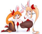  absurd_res anthro big_breasts blonde_hair breast_size_difference breasts cleavage clothed clothing duo female hair hi_res high_heels lagomorph leporid mammal meowcaron rabbit white_body 