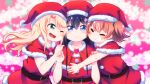  3girls :3 ;d bangs belt black_belt black_hair blonde_hair blue_eyes blurry blurry_background blush brown_hair capelet christmas christmas_ornaments closed_eyes closed_mouth commentary_request dress eyebrows_visible_through_hair flower fur-trimmed_capelet fur-trimmed_dress fur-trimmed_headwear fur_trim green_eyes grin hair_between_eyes hair_flower hair_ornament hand_on_another&#039;s_arm hand_on_another&#039;s_shoulder hands_up happy hat heart highres himesaka_noa hoshino_hinata hug kbisuco long_hair looking_at_another looking_at_viewer medium_hair multiple_girls one_eye_closed one_side_up open_mouth parted_bangs pink_flower pom_pom_(clothes) red_capelet red_dress red_headwear santa_dress santa_hat shiny shiny_hair shirosaki_hana smile watashi_ni_tenshi_ga_maiorita! 