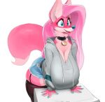  anthro belt big_breasts blue_eyes bluedrg19 bottomwear breasts canid canine cleavage clothed clothing collar cutoffs denim denim_clothing denisse fangs female fox fur garter_straps hair hi_res hoodie huge_breasts legwear long_hair mammal neck_tuft open_mouth phone pink_body pink_fur pink_hair shorts simple_background solo standing thigh_highs topwear tuft white_background 