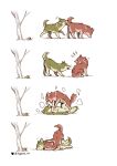  2021 ambiguous_gender black_nose canid canine comic digital_media_(artwork) duo feral fight fur gastropod green_body green_fur hi_res lying mammal mollusk on_back open_mouth plant quadruped raised_tail red_body red_fur simple_background snail tagawa_mi tree white_background 