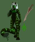  anthro belly black_belly demon featureless_crotch felid frostwyrm102 fur green_body green_eyes green_fur green_stripes hair hi_res male malignant_cora mammal melee_weapon solo stripes sword symbol weapon white_hair 