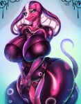  anthro apode big_breasts breasts clothing cobra digital_media_(artwork) draconcopode female green_eyes hi_res legless leonifa lingerie markings naga pink_body reptile scales scalie serpentine shy simple_background snake snake_hood solo 